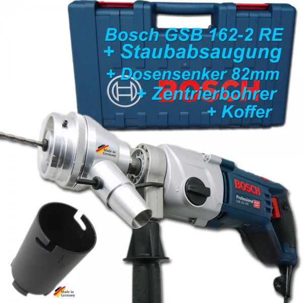 Bosch GSB-162-2-RE Set + Staubabsaugung Bajonett + Dosensenker + Koffer + Bohrer