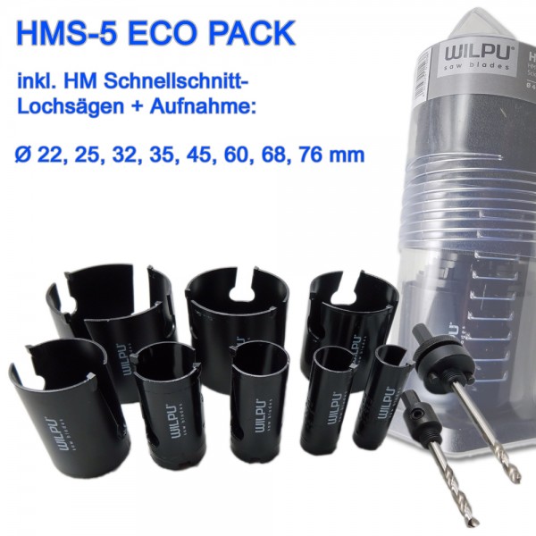 Hartmetall-Lochsägen Pack Ø 22, 25, 32, 35, 45, 60, 68, 76mm + Aufnahme im Platz-Spar-Pack